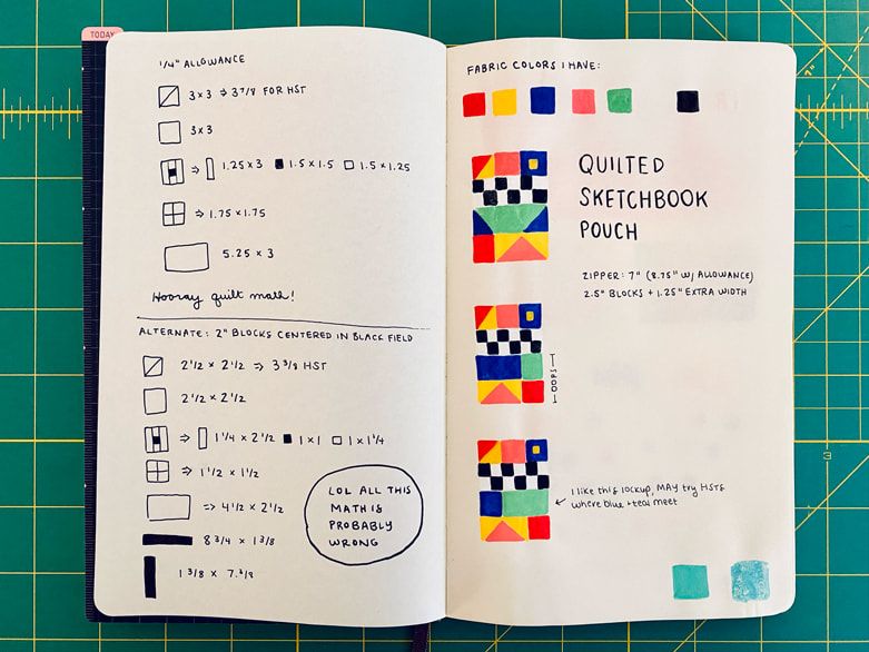 A sketchbook where I’ve sketched out some quilt blocks in vibrant Posca paint markers. There’s a bunch of fractions for each block with the note “lol all this math is probably wrong”