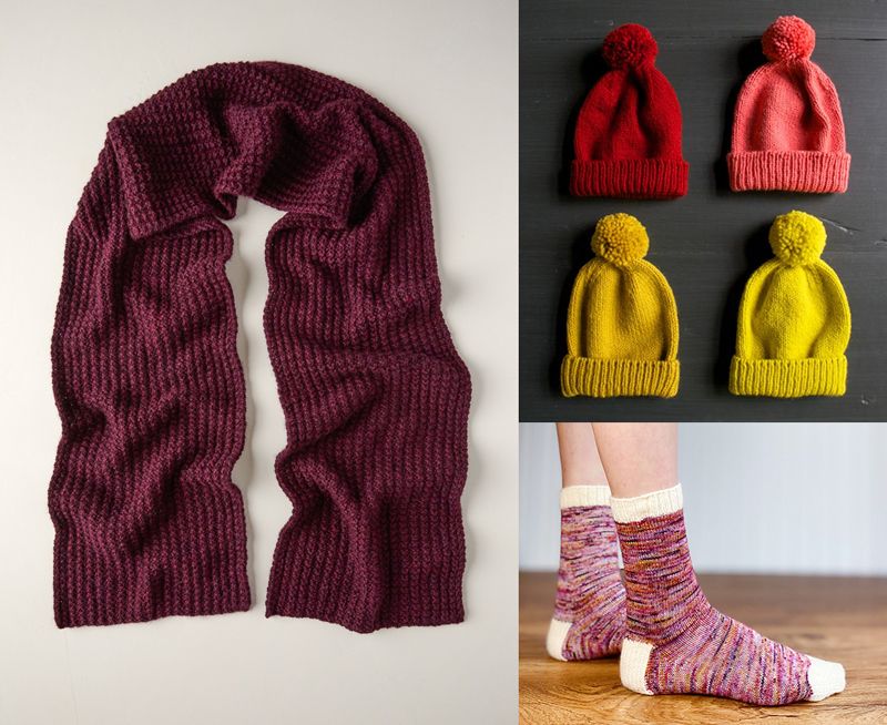A maroon scarf with a nubbly texture. Four beanies, each with a pom pom on top. A pair of socks where the trim, heel, and toes are a different color yarn than the body of the sock.